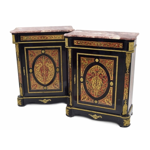 948 - Pair of Napoleon Boulle type ebonised marble top pier cabinets, the rouge moulded tops over a slim d... 