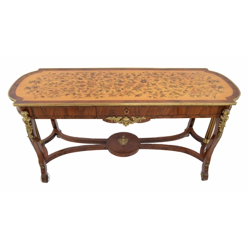 947 - French Napoleon style kingwood long centre table, the foliate painted satinwood top within a kingwoo... 