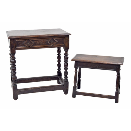 904 - Antique oak side table, the moulded top over a single drawer raised upon four turned legs united by ... 