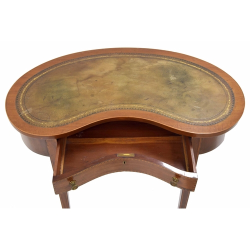 886 - Edwardian mahogany inlaid kidney-shaped writing table, with shaped tooled leather inset surface to t... 