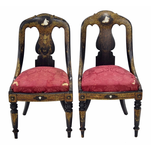 881 - Pair of attractive Victorian ebonised and gilt papier maché salon chairs, a shaped back over figural... 