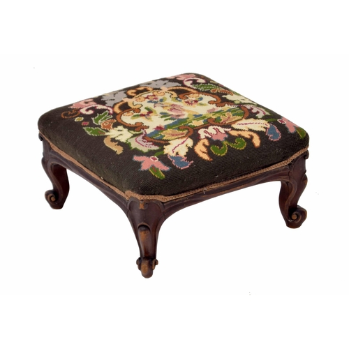 865 - Victorian square needlework foot stool, raised on the scroll carved mahogany frame, 16