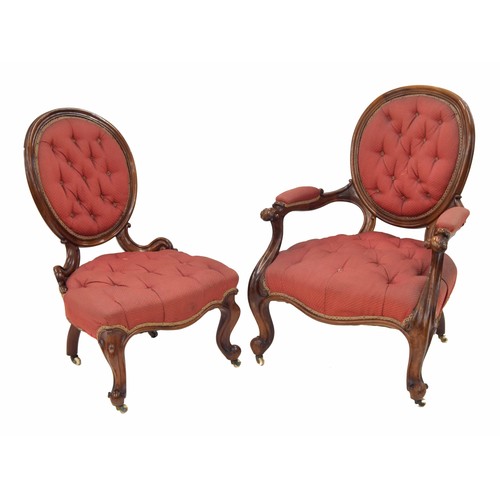 923 - Victorian mahogany framed lady's and gentleman's upholstered salon chairs, 27