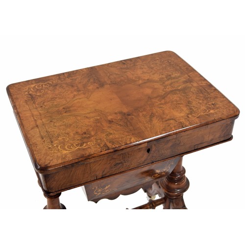 860 - Victorian figured walnut rectangular work table, the hinged quarter veneer parquetry inlay bordered ... 