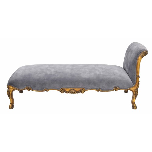 871 - Attractive 19th century gilt framed chaise longue, with recent grey velvet upholstery, 62