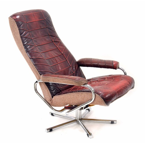 936 - Skoghaug Industri Norway leather reclining armchair, lever adjusting on a chrome tubular revolving f... 