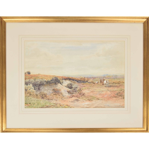 760 - Claude Hayes RI., ROI (1852-1922) - heathland scene with a figure beside horses and a cart, signed p... 