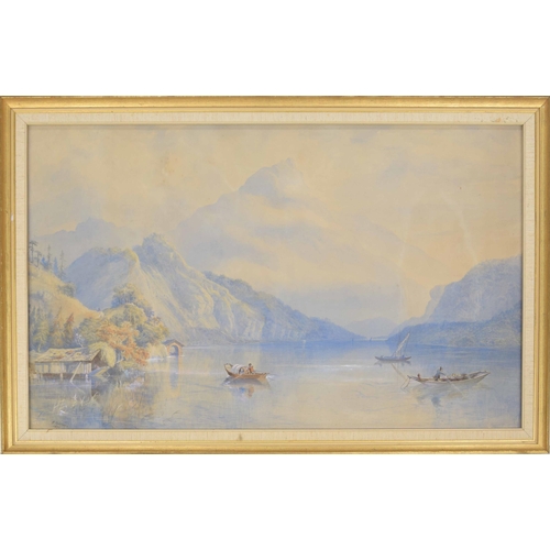 747 - R* Bowmas (19th century) - Italian lake scene with boats in the foreground, signed and dated 1876, p... 