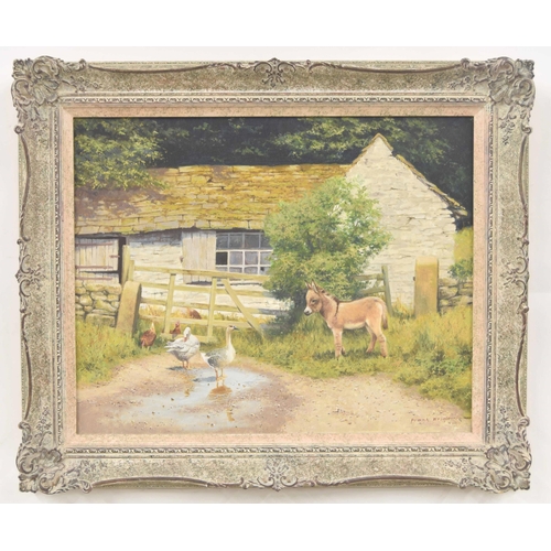 767 - Frank Wright (20th/21st century) - a donkey and geese in a sunlit farmyard with an old stone barn be... 