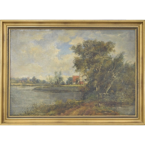 769 - Follower of Fredrick Waters Watts (19th century) - river landscape with cattle grazing beside a cott... 