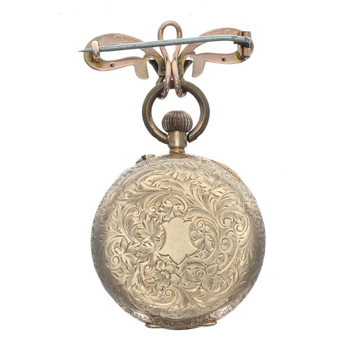 96 - 14ct cylinder engraved fob watch with a 9ct bow brooch, gilt bar movement, metal cuvette, gilt engra... 