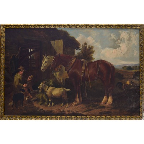 779 - Style of S.J Clark (19th century) - farmyard scene with a young boy, his dog, two shire horses, a go... 