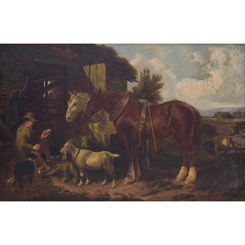 779 - Style of S.J Clark (19th century) - farmyard scene with a young boy, his dog, two shire horses, a go... 