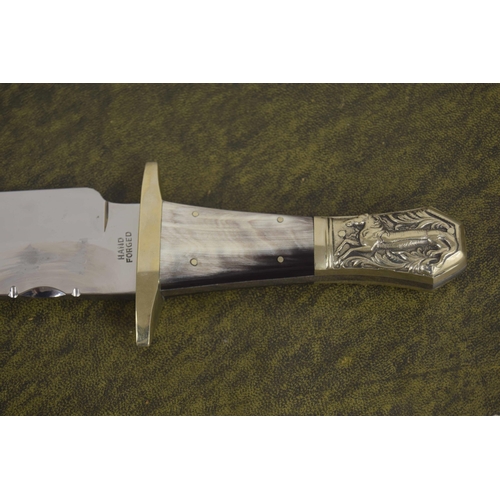 610 - R. Middleton Sheffield Bowie type knife, with horn and repousse horse decorated scales, the Hand For... 