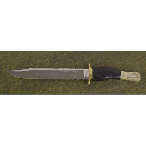 611 - F.W. James Sheffield Bowie type knife, with horn handle and repousse horse decorated pommel, the 10.... 