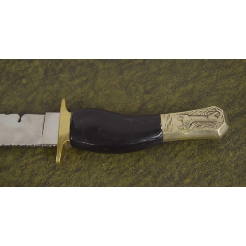 611 - F.W. James Sheffield Bowie type knife, with horn handle and repousse horse decorated pommel, the 10.... 