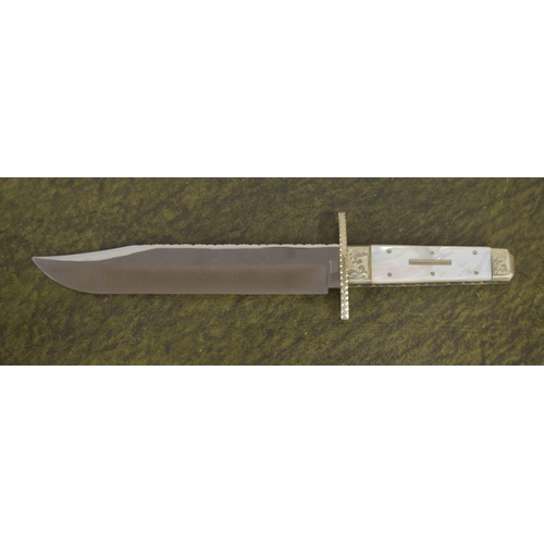 613 - Stan Shaw Bowie knife, with mother of pearl scales, engraved bolsters and worked blade back and hand... 