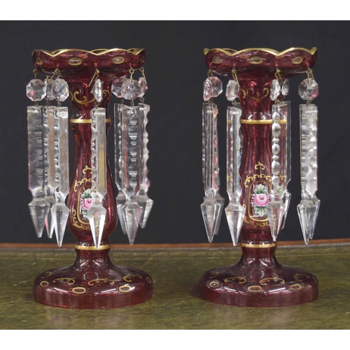 626 - Pair of Victorian Bohemian cranberry glass lustres, with floral gilt overlaid scroll decoration, 8