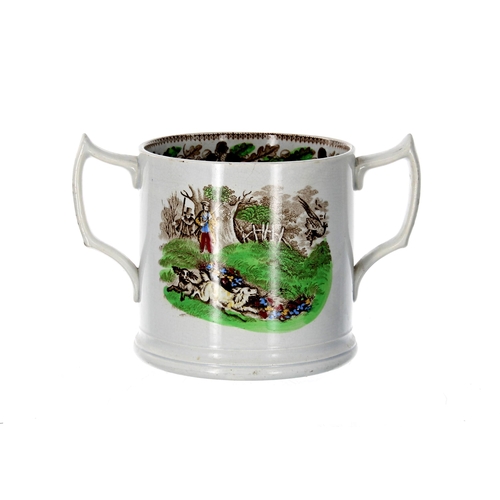 642 - Staffordshire pottery twin-handled hunting mug, decorated with transfer panels and interior acorn bo... 