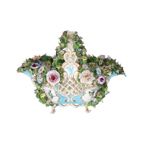 654 - Meissen reticulated porcelain basket, with floral encrusted handle and applied swags, underglaze blu... 