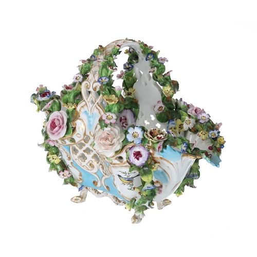 654 - Meissen reticulated porcelain basket, with floral encrusted handle and applied swags, underglaze blu... 