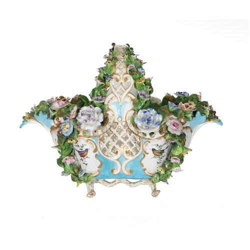 654 - Meissen reticulated porcelain basket, with floral encrusted handle and applied swags, underglaze blu... 