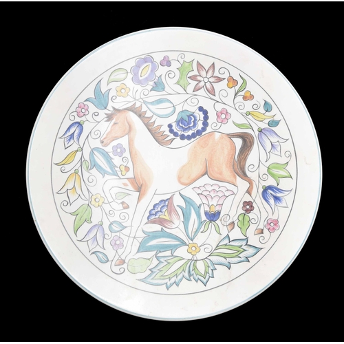 678 - Poole Pottery charger, decorated with a young horse among stylised flowers, factory stamp and initia... 