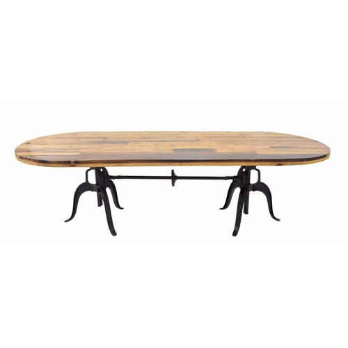 911 - Good decorative reclaimed style table, the oval reclaimed plank top on cast industrial style ratchet... 