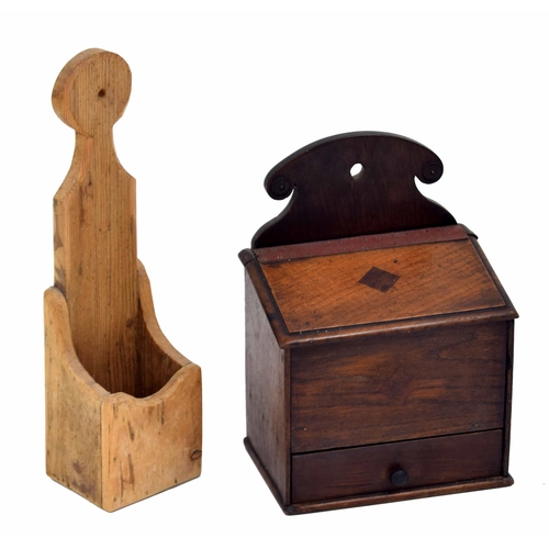 864 - 19th century oak salt box, with shaped back over a hinged cover and single drawer below, 10