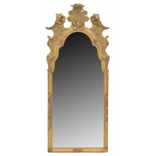 852 - 19th century gilt framed pier glass mirror, the arched glass within a git frame surmounted by a carv... 