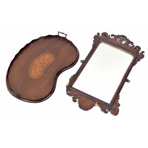 854 - Georgian walnut fretwork wall mirror, the frame surmounted by a parcel gilt ho ho bird, 15