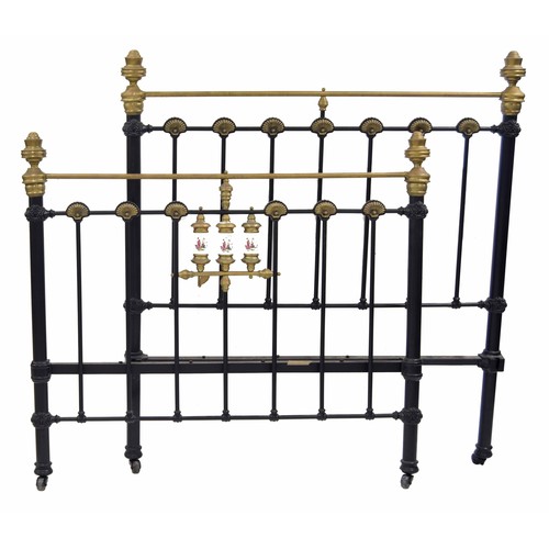 894 - Victorian brass and iron double bed frame, with brass shell decoration, with side irons and two piec... 