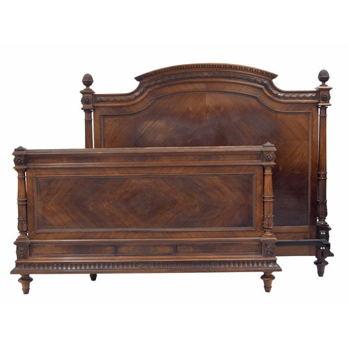 893 - French rosewood bed frame, the veneered head and foot board with carved harebell borders and acorn f... 