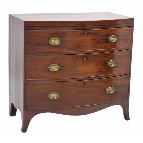 879 - 19th century mahogany bow front chest of drawers, plain top over three long graduated drawers raised... 