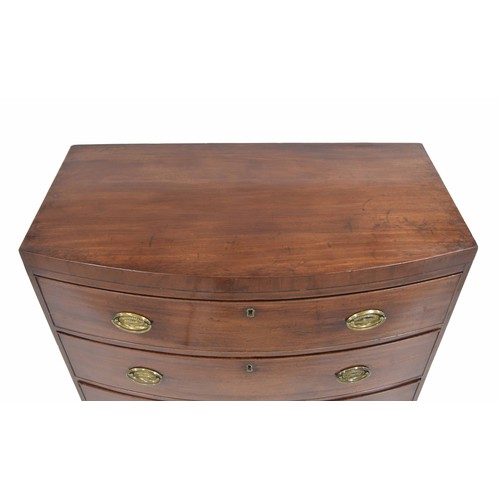 879 - 19th century mahogany bow front chest of drawers, plain top over three long graduated drawers raised... 