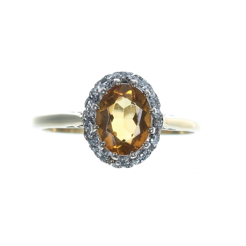 200F - 18ct citrine and diamond oval cluster ring, 3.3gm, 11mm, ring size O/P