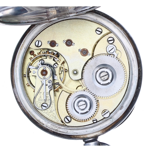 106 - Omega silver cased lever pocket watch, Roman numeral dial, in an engine turned case, case no. 135097... 