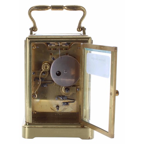 575 - Small carriage clock timepiece with alarm sounding on a bell, within a one-piece style brass case, 5... 