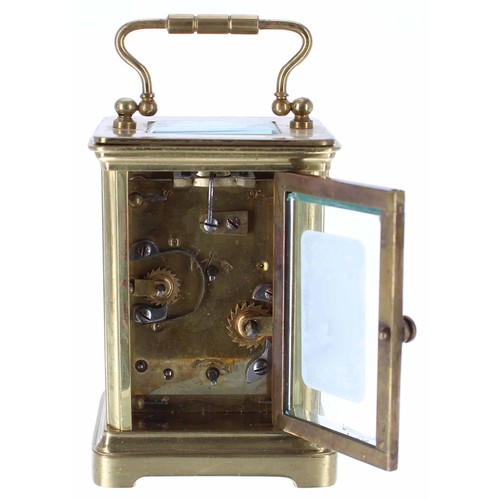 578 - Miniature carriage clock timepiece with alarm sounding on a bell beneath the base, the 1.25