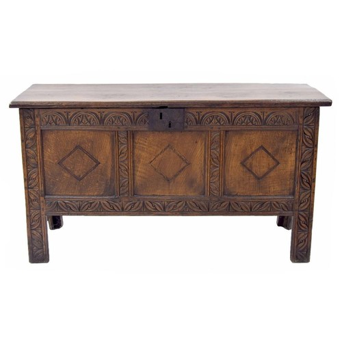 889 - 18th century oak coffer, the moulded hinged top enclosing a removing tier over an open interior, ove... 