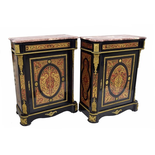 948 - Pair of Napoleon Boulle type ebonised marble top pier cabinets, the rouge moulded tops over a slim d... 