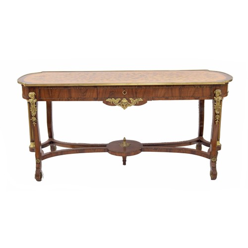 947 - French Napoleon style kingwood long centre table, the foliate painted satinwood top within a kingwoo... 