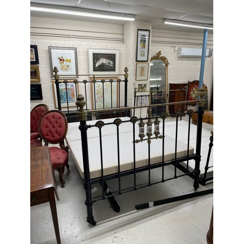 894 - Victorian brass and iron double bed frame, with brass shell decoration, with side irons and two piec... 