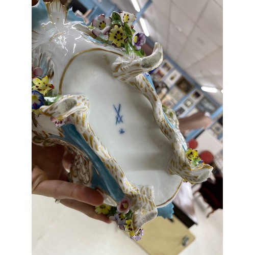 654 - Meissen reticulated porcelain basket, with floral encrusted handle and applied swags, underglaze blu... 