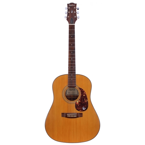 487 - Epiphone PR650 acoustic guitar; Back and sides: laminated mahogany, repaired knock to treble side, v... 