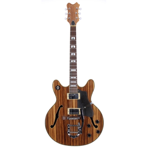 480 - Shelby hollow body electric guitar; Finish: natural zebra wood; Fretboard: rosewood; Frets: good; El... 