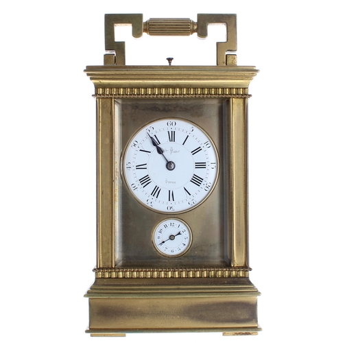 1212 - Good French repeater carriage clock with alarm, the movement striking with two hammers on a gong and... 