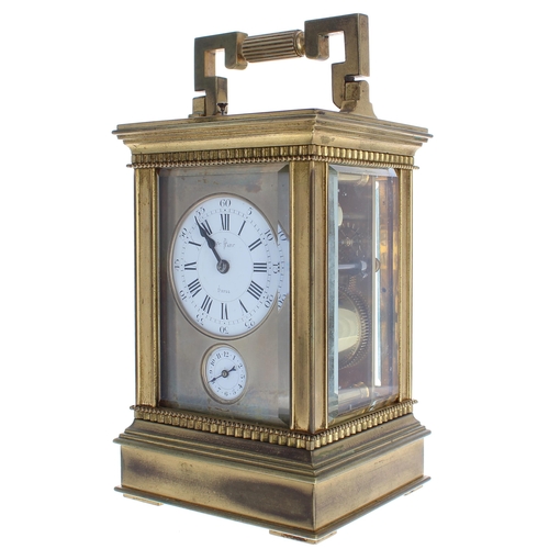 1212 - Good French repeater carriage clock with alarm, the movement striking with two hammers on a gong and... 