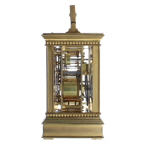 1212 - Good French repeater carriage clock with alarm, the movement striking with two hammers on a gong and... 