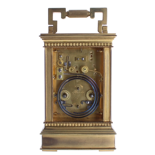 1212 - Good French repeater carriage clock with alarm, the movement striking with two hammers on a gong and... 